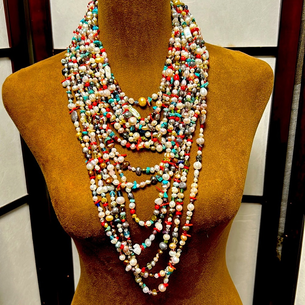 15 rows of beautiful Couture bliss. Pearls turquoise coral abalone.